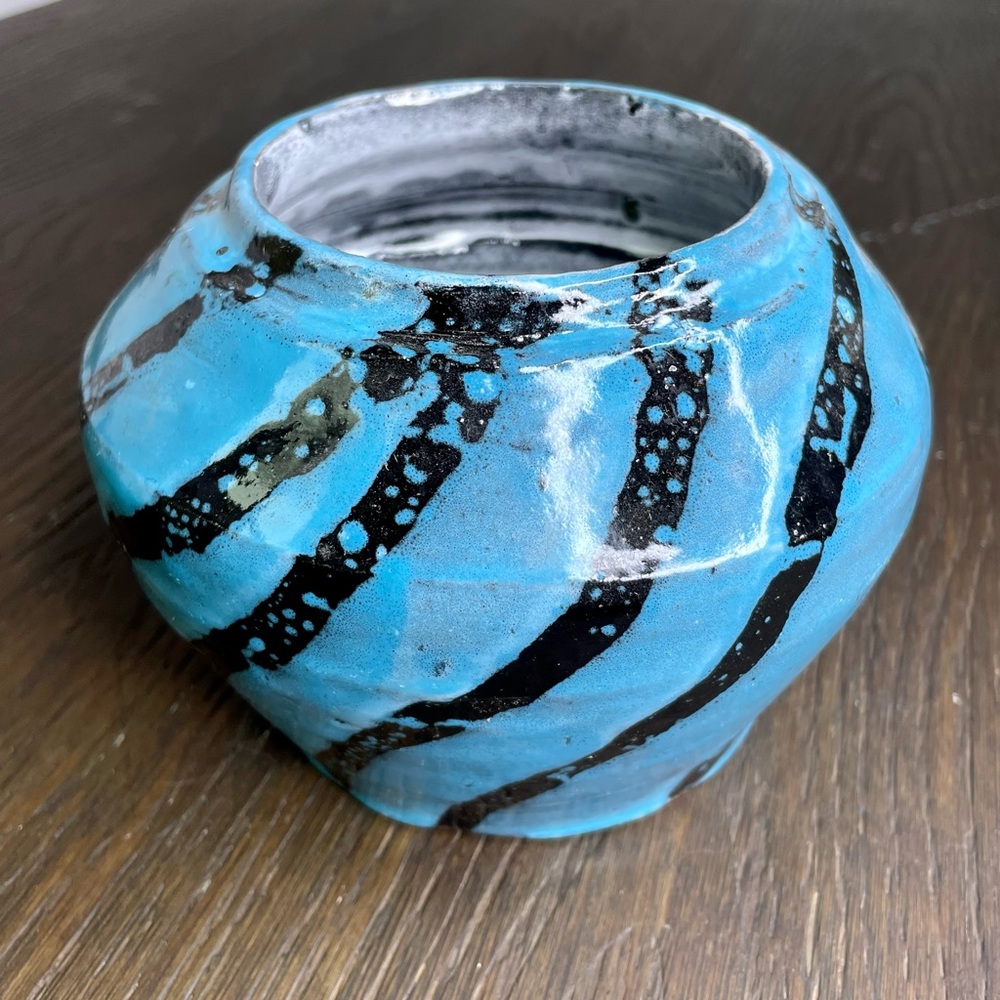 Handmade Pottery 4" Pot Vessel Sky Blue Black Stripe